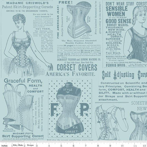 SALE Sew Journal Vintage Corset Ads C13889 Blue - Riley Blake Designs - Sewing - J. Wecker Frisch - Quilting Cotton Fabric