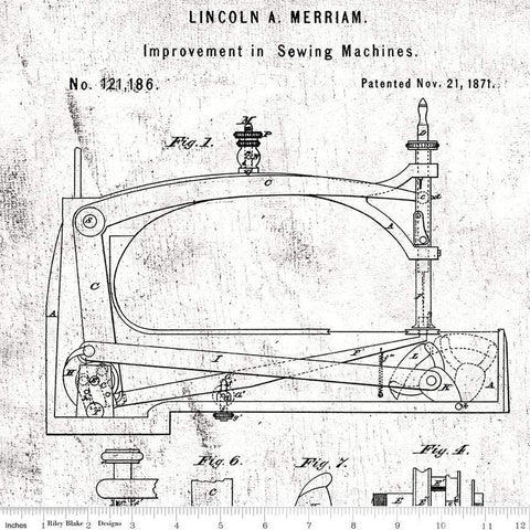 Sew Journal Sewing Machine Patent PANEL C13887 White by Riley Blake - J. Wecker Frisch - Quilting Cotton Fabric - 12 inch repeat