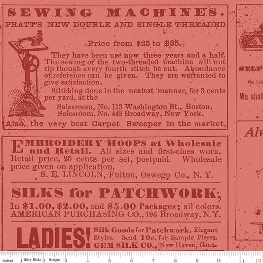 10" End of Bolt - CLEARANCE Sew Journal Vintage Sew Ads Coral Pink Words Fabric - C13888 - Riley Blake Quilting Cotton Fabric