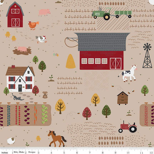15" End of Bolt -  Country Life Main C13790 Wheat - Riley Blake Designs - Farm Animals Barns Tractors - Quilting Cotton Fabric