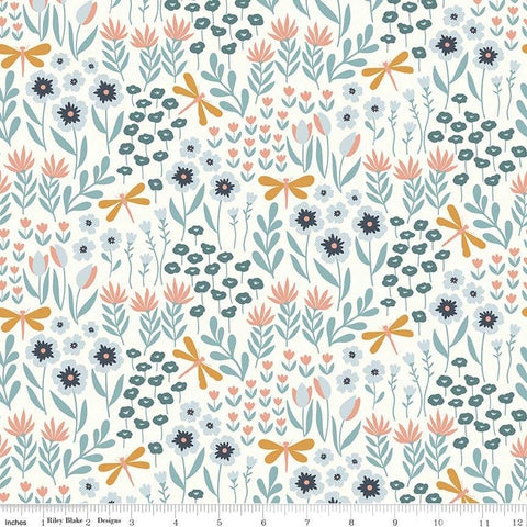 31" End of Bolt - SALE Little Swan Lakeside Floral C13741 Cream by Riley Blake - Flowers Dragonflies - Quilting Cotton Fabric