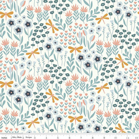 Fat Quarter End of Bolt - SALE Little Swan Lakeside Floral C13741 Cream by Riley Blake - Flowers Dragonflies - Quilting Cotton Fabric