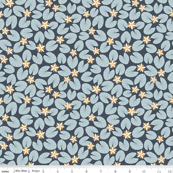 SALE Little Swan Water Lilies C13743  Navy by Riley Blake Designs - Lily Pads Flowers - Quilting Cotton Fabric