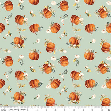 Shades of Autumn Pumpkins C13471 Tea Green - Riley Blake Designs - Thanksgiving Fall Acorns Leaves Flowers - Quilting Cotton Fabric