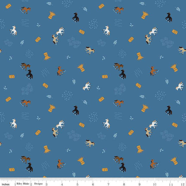 SALE Country Life Grazing the Hay C13793 Denim by Riley Blake Designs - Horses - Quilting Cotton Fabric