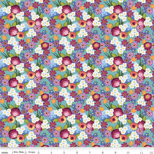 23" End of Bolt - SALE Floralicious Flowers C13482 Aqua - Riley Blake Designs - Floral - Quilting Cotton Fabric