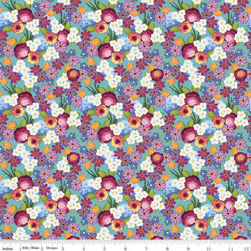 13" End of Bolt - DEAL Floralicious Flowers C13482 Aqua - Riley Blake Designs - Floral - Quilting Cotton Fabric