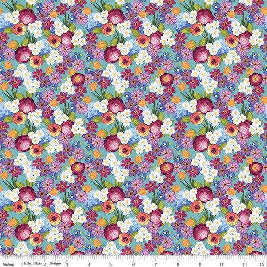 23" End of Bolt - SALE Floralicious Flowers C13482 Aqua - Riley Blake Designs - Floral - Quilting Cotton Fabric