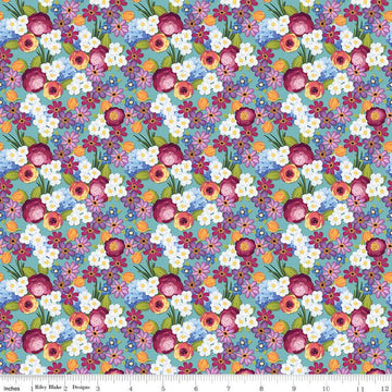 13" End of Bolt - SALE Floralicious Flowers C13482 Aqua - Riley Blake Designs - Floral - Quilting Cotton Fabric