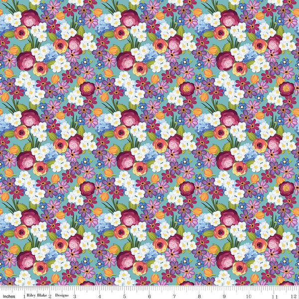 SALE Floralicious Flowers C13482 Aqua - Riley Blake Designs - Floral - Quilting Cotton Fabric