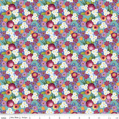 SALE Floralicious Flowers C13482 Aqua - Riley Blake Designs - Floral - Quilting Cotton Fabric