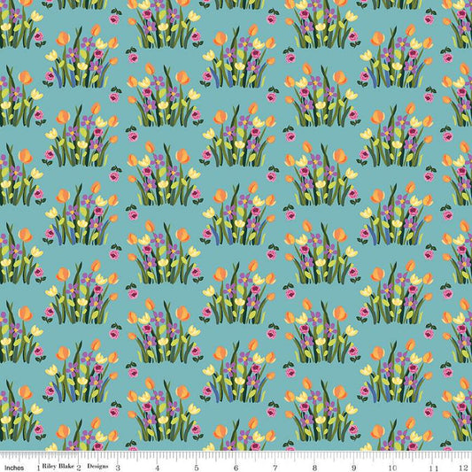 SALE Floralicious Stems C13483 Aqua - Riley Blake Designs - Floral Flowers - Quilting Cotton Fabric