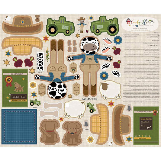 DEAL Country Life Boris the Cow Doll Panel PD13799- Riley Blake Designs - DIGITALLY PRINTED Cow Dog Sheep Hat - Quilting Cotton Fabric