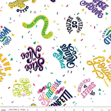 16" End of Bolt - CLEARANCE Colors of Kindness Main C13680 White by Riley Blake- Crayola Text Dots Dashes- Quilting Cotton- Licensed Product