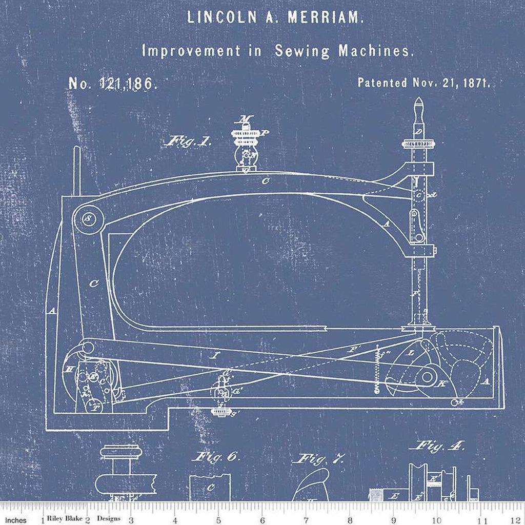 CLEARANCE Sew Journal Sewing Machine Patent PANEL C13887 Denim by Riley Blake - J. Wecker Frisch - Quilting Cotton  - 12 inch repeat