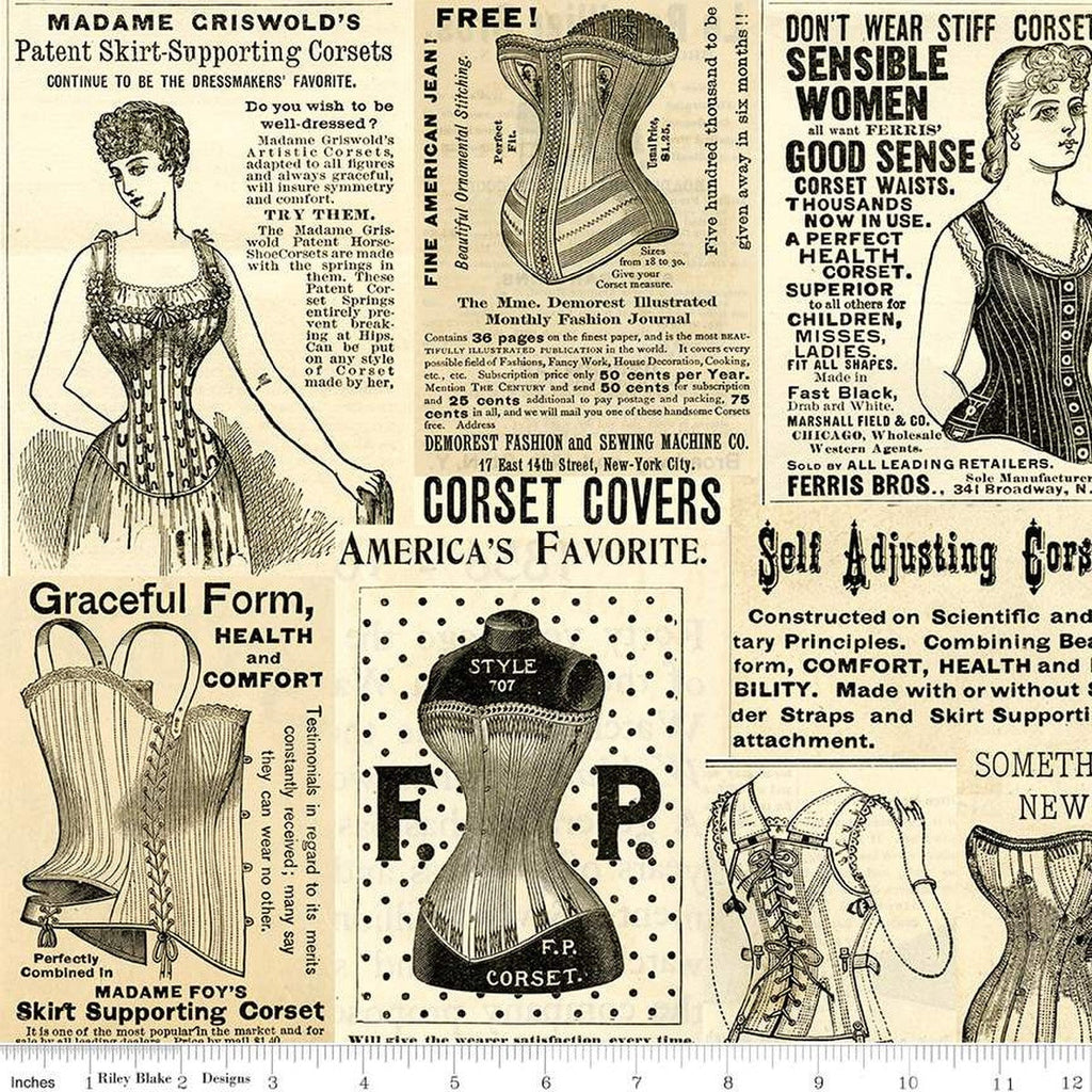 SALE Sew Journal Vintage Corset Ads C13889 Parchment by Riley Blake - J. Wecker Frisch - Quilting Cotton Fabric