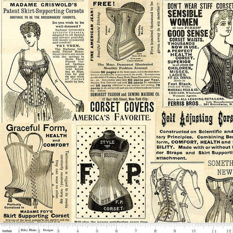 CLEARANCE Sew Journal Vintage Corset Ads C13889 Parchment by Riley Blake - J. Wecker Frisch - Quilting Cotton
