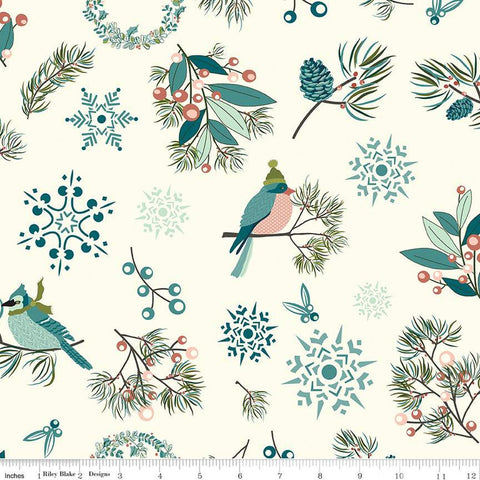 SALE Arrival of Winter Main C13520 Cream - Riley Blake Designs - Birds Snowflakes Wreaths Pinecones Berries  - Quilting Cotton Fabric