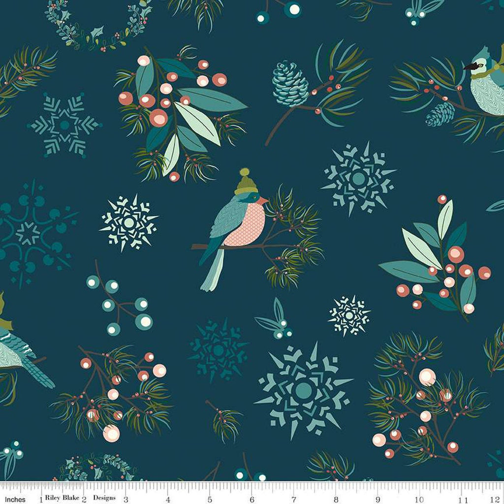 SALE Arrival of Winter Main C13520 Navy by Riley Blake Designs - Snowflakes Birds Wreaths Pinecones Berries - Quilting Cotton Fabric