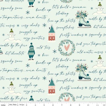 Arrival of Winter Text C13522 Mist - Riley Blake Designs - Icons Snowmen Wreaths Skates Houses - Quilting Cotton Fabric