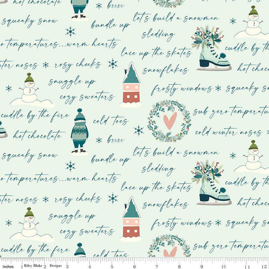 Arrival of Winter Text C13522 Mist - Riley Blake Designs - Icons Snowmen Wreaths Skates Houses - Quilting Cotton Fabric