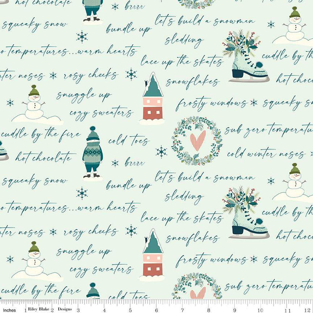 Arrival of Winter Text C13522 Mist by Riley Blake Designs - Icons Snowmen Wreaths Skates Houses - Quilting Cotton Fabric