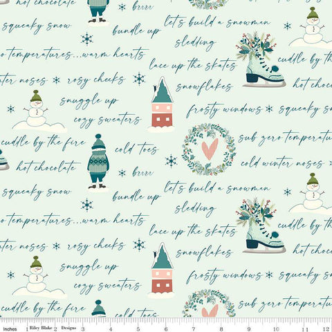 SALE Arrival of Winter Text C13522 Mist by Riley Blake Designs - Icons Snowmen Wreaths Skates Houses - Quilting Cotton Fabric