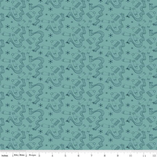 30" End of Bolt - Arrival of Winter Gear C13523 Teal - Riley Blake Designs - Scarves Hats Mittens Snowflakes  - Quilting Cotton Fabric