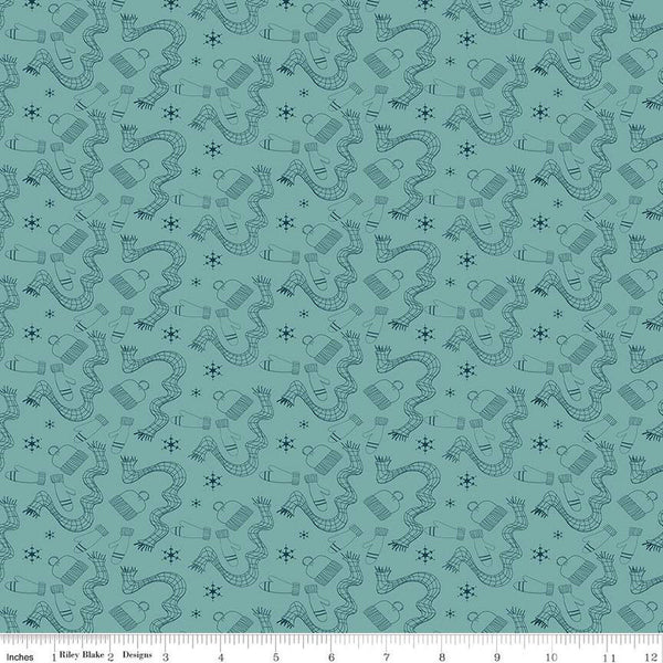 Arrival of Winter Gear C13523 Teal - Riley Blake Designs - Scarves Hats Mittens Snowflakes  - Quilting Cotton Fabric