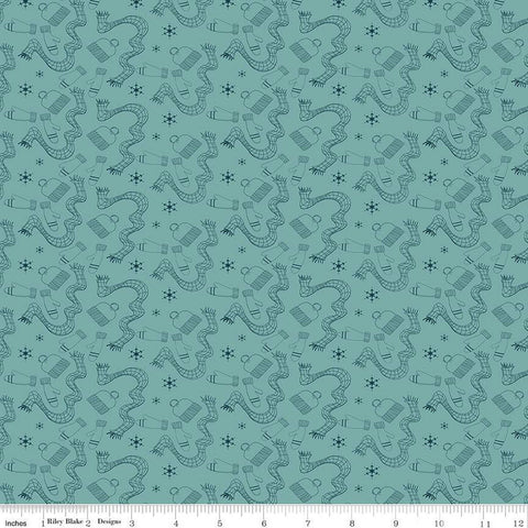 Arrival of Winter Gear C13523 Teal - Riley Blake Designs - Scarves Hats Mittens Snowflakes  - Quilting Cotton Fabric
