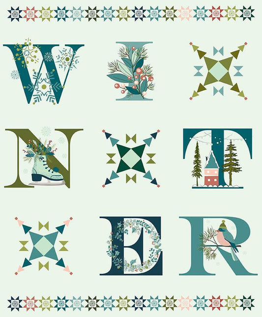 DEAL Arrival of Winter Panel P13529 Mist - Riley Blake Designs - Letters Icons Snowflakes Skates Bird House  - Quilting Cotton Fabric