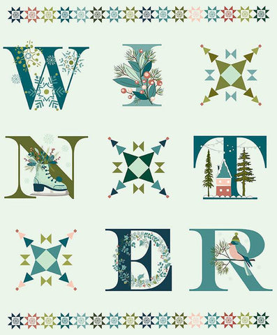 SALE Arrival of Winter Panel P13529 Mist by Riley Blake Designs - Letters Icons Snowflakes Skates Bird House  - Quilting Cotton Fabric