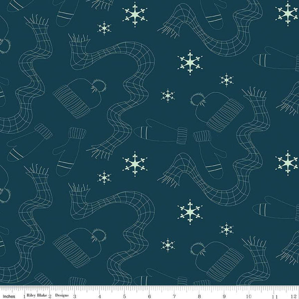 3 yard cut- SALE Arrival of Winter BACK WB13528 Navy - Riley Blake - 107/108" Wide Hats Scarves Mittens Snowflakes - Quilting Cotton Fabric