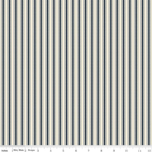 Bellissimo Gardens Stripe C13834 Cream - Riley Blake Designs - Ticking Stripes Striped Cream Midnight - Quilting Cotton Fabric