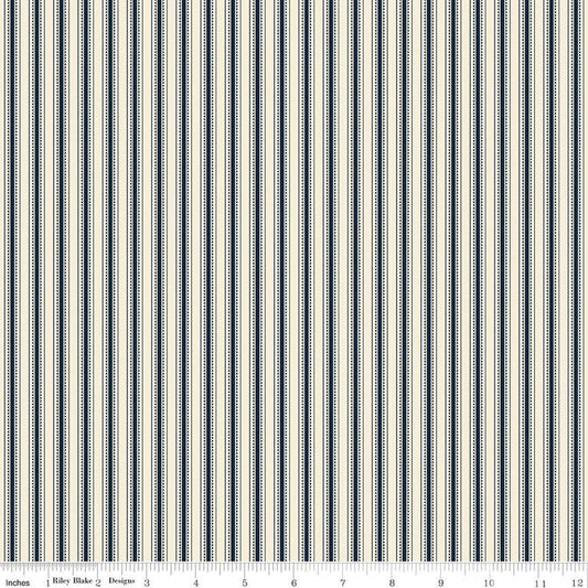 Fat Quarter End of Bolt - Bellissimo Gardens Stripe C13834 Cream - Riley Blake - Ticking Stripes Cream Midnight - Quilting Cotton Fabric