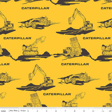 Vintage Caterpillar Main C13840 Yellow - Riley Blake Designs - CAT Construction Equipment Logo - Quilting Cotton Fabric - Licensed Product