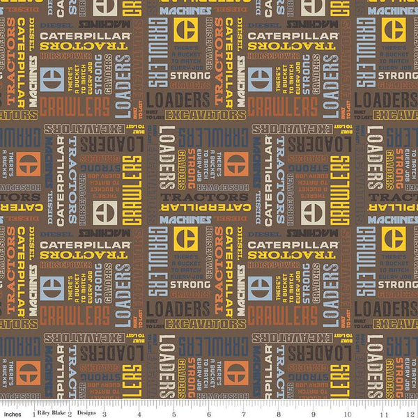 SALE Vintage Caterpillar Text C13842 Brown- Riley Blake Designs - Construction CAT Logo Slogans - Quilting Cotton Fabric