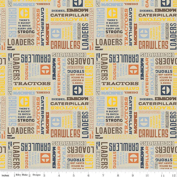 Vintage Caterpillar Text C13842 Sand - Riley Blake Designs - CAT Construction Slogans Logo - Quilting Cotton Fabric