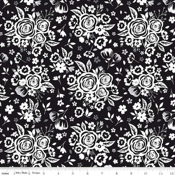 Black Tie Main C13750 Black - Riley Blake Designs - Floral Off White Flowers - Quilting Cotton Fabric