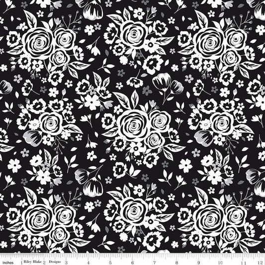 Black Tie Main C13750 Black - Riley Blake Designs - Floral Off White Flowers - Quilting Cotton Fabric