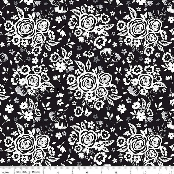 Black Tie Main C13750 Black by Riley Blake Designs - Floral Off White Flowers - Quilting Cotton Fabric