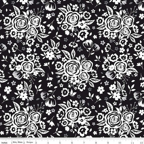 Black Tie Main C13750 Black by Riley Blake Designs - Floral Off White Flowers - Quilting Cotton Fabric