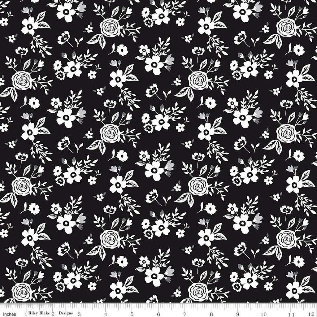 SALE Black Tie Floral C13751 Black by Riley Blake Designs - Off White Flowers Leaves - Quilting Cotton Fabric