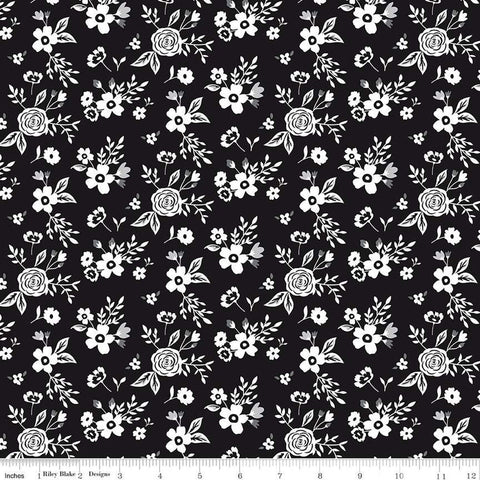 Black Tie Floral C13751 Black by Riley Blake Designs - Off White Flowers Leaves - Quilting Cotton Fabric