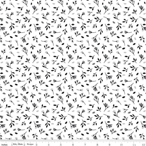 11" End of Bolt - Black Tie Blossoms C13753 Off White by Riley Blake Designs - Floral Flowers - Quilting Cotton Fabric