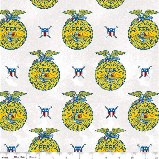 SALE FFA Forever Blue Refreshed Emblems C13951 Off White - Riley Blake Designs - Future Farmers - Quilting Cotton Fabric - Licensed Product