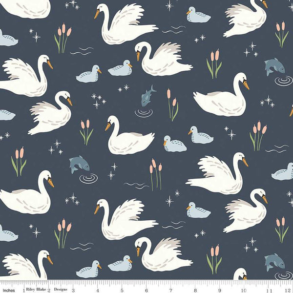 SALE Little Swan Main C13740 Navy by Riley Blake - Bird Birds Swans Fish Asterisks Ripples - Quilting Cotton Fabric