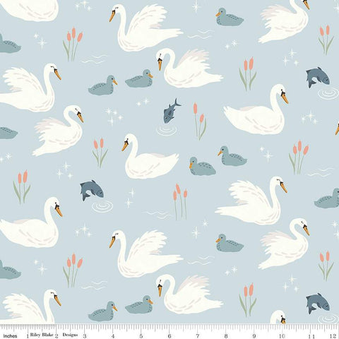 35" End of Bolt - SALE Little Swan Main C13740 Sky by Riley Blake - Bird Birds Swans Fish Asterisks Ripples - Quilting Cotton Fabric