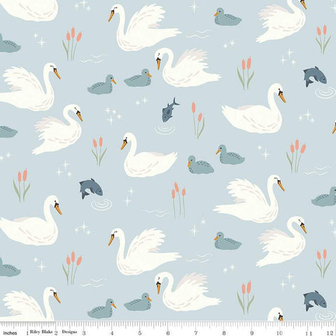 SALE Little Swan Main C13740 Sky by Riley Blake - Bird Birds Swans Fish Asterisks Ripples - Quilting Cotton Fabric