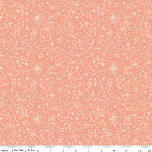 SALE Homemade Outlined Flowers C13722 Coral - Riley Blake Designs - Floral - Quilting Cotton Fabric